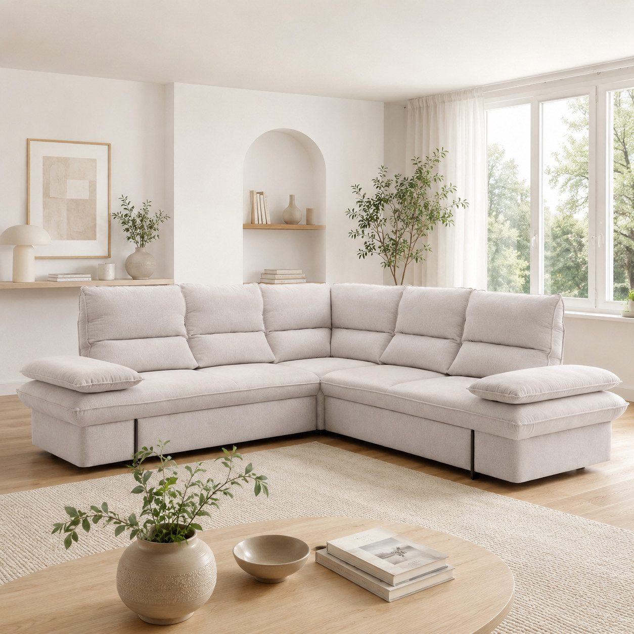 Goldstoff Ecksofa mit Schlaffunktion & Stauraum - Modernes Sofa in U Form - MORRIS Grau, mit Relaxfunktion