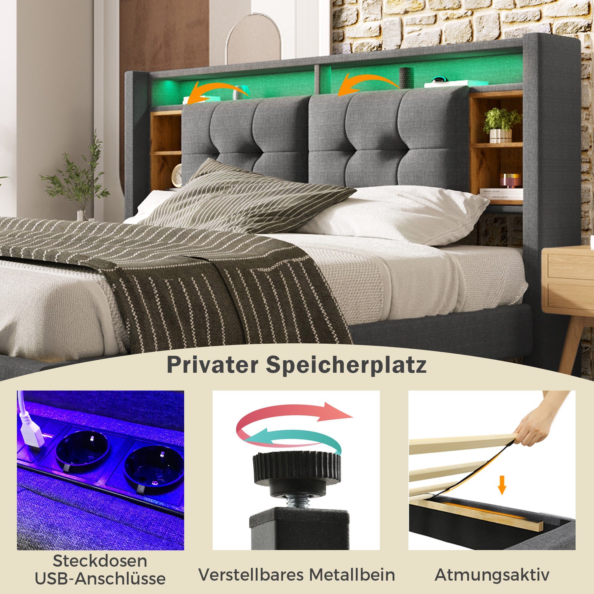 BlingBin Polsterbett Doppelbett Stauraum-Kopfteil mit aufladen günstig online kaufen