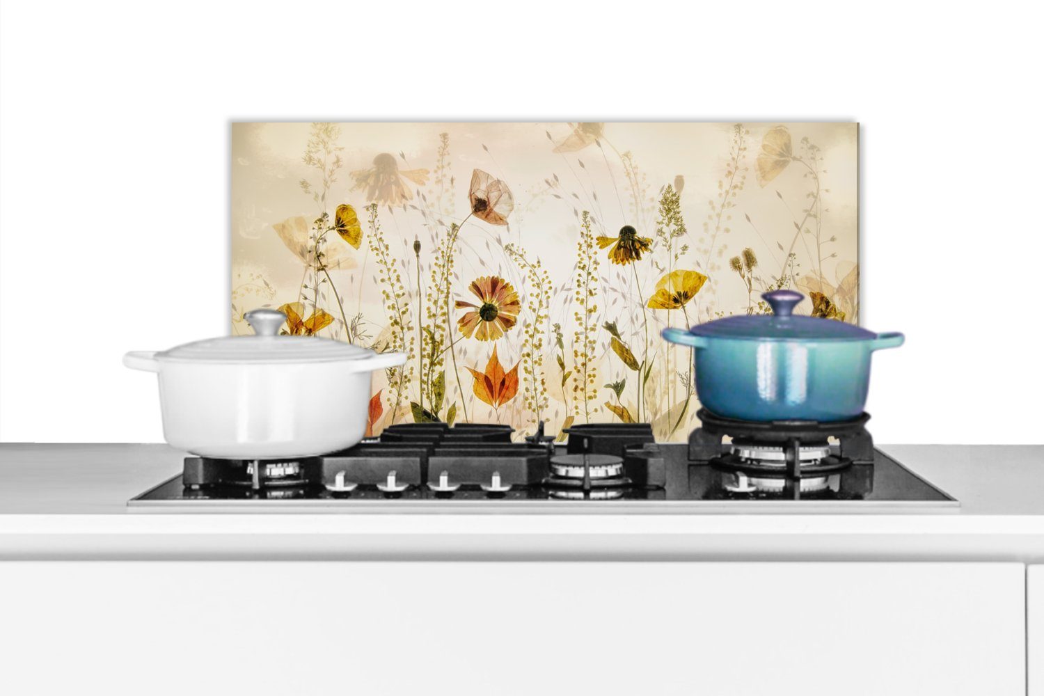MuchoWow Küchenrückwand Fett und cm, Beige, - Küchen Illustration Insekten - Wandschutz, (1-tlg), - gegen Schmutzflecken für 60x30 Pflanzen
