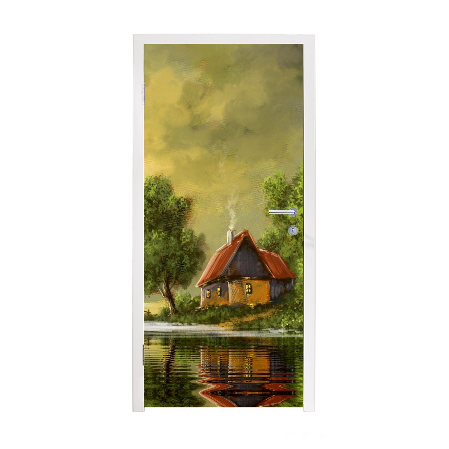 MuchoWow Türtapete Gemälde - Ölfarbe - Haus - Natur - Wasser, Matt, bedruckt, (1 St), Fototapete für Tür, Türaufkleber, 75x205 cm