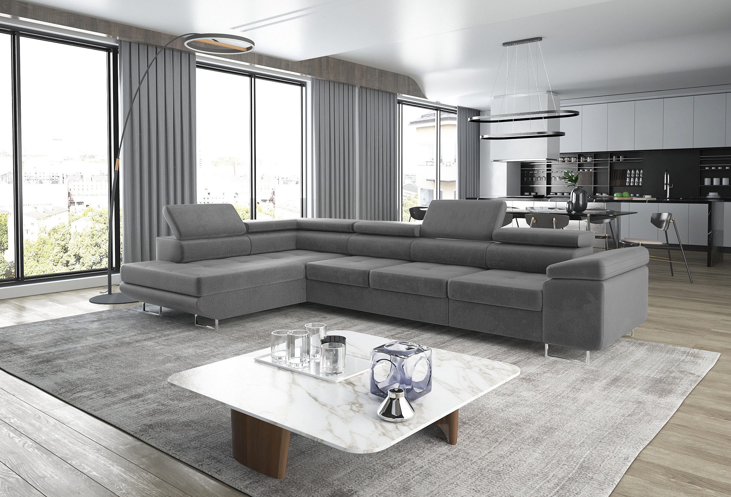 thematys Ecksofa ASTON LONG 355 x 204cm mit Schlaffunktion & Bettkasten – L-Sofa, mit 4 verstellbaren Kopfstützen, Cord (Poso) oder Samt (Monolith), - XXL Wohnlandschaft im modernen Design