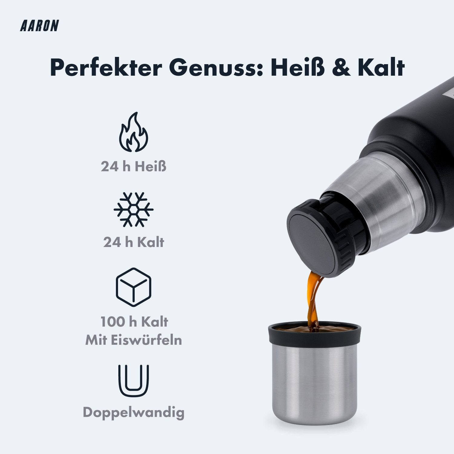 AARON Thermoflasche Flask Thermoskanne - 24h heiß & kalt, Edelstahl, Reise Sport Alltag