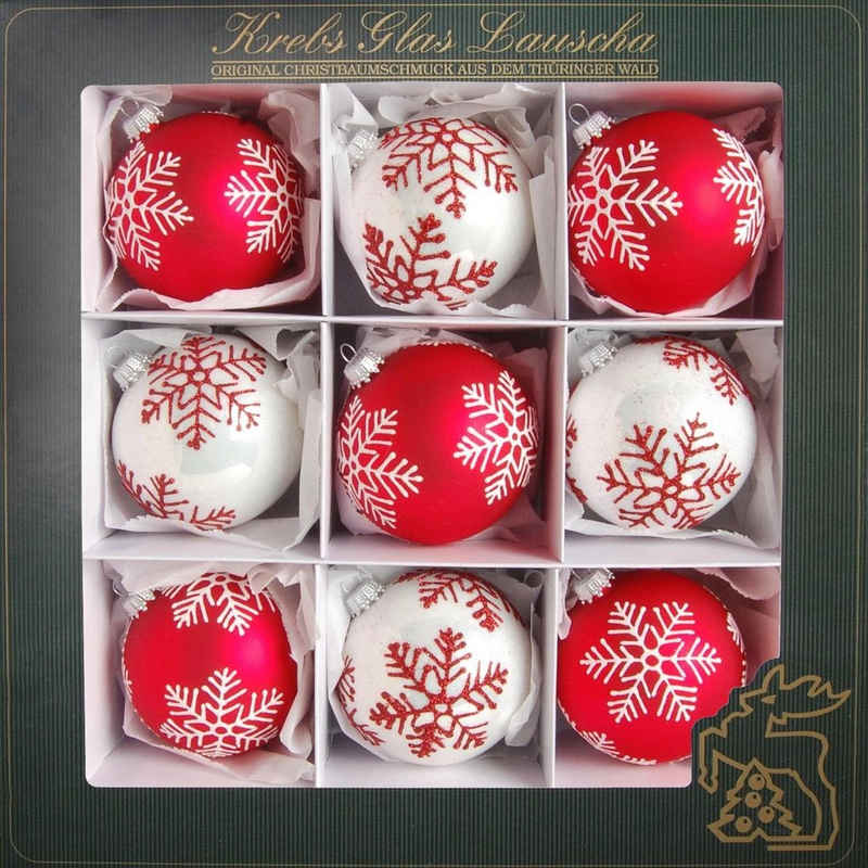 Krebs Glas Lauscha Weihnachtsbaumkugel Schneeflocken, Weihnachtsdeko rot, Christbaumschmuck (9 St), hochwertige Christbaumkugeln aus Glas, mundgeblasen