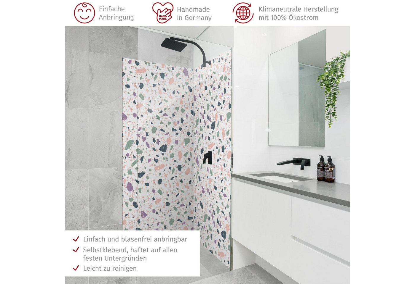 Thumbnail - Bilderdepot24 Badrückwand Terrazzo türkis Duschrückwand ohne Bohren Dusche Muster, (2-tlg., Hart-Folie Smart matt 0,35 m...