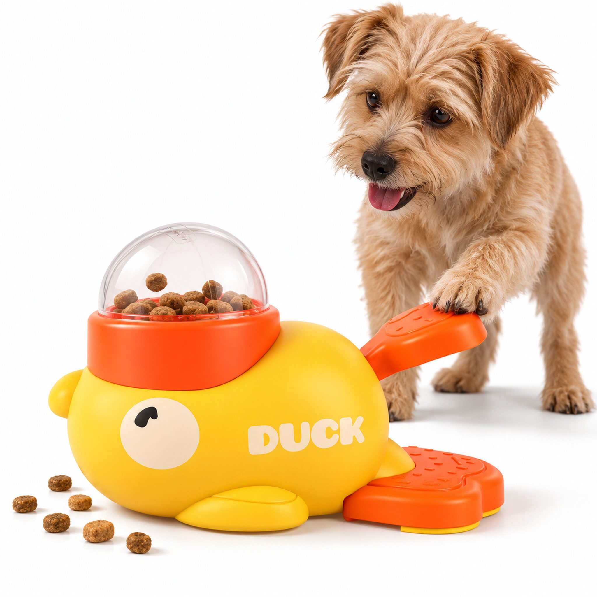 FLOCKI Pets™ Tier-Intelligenzspielzeug Leckerli-Spender Ente für Hunde und Katzen, Intelligenzspielzeug, gelb, Leckerli-Spender mit Druckhebel & 3 verschiedenen Sichtbehältern