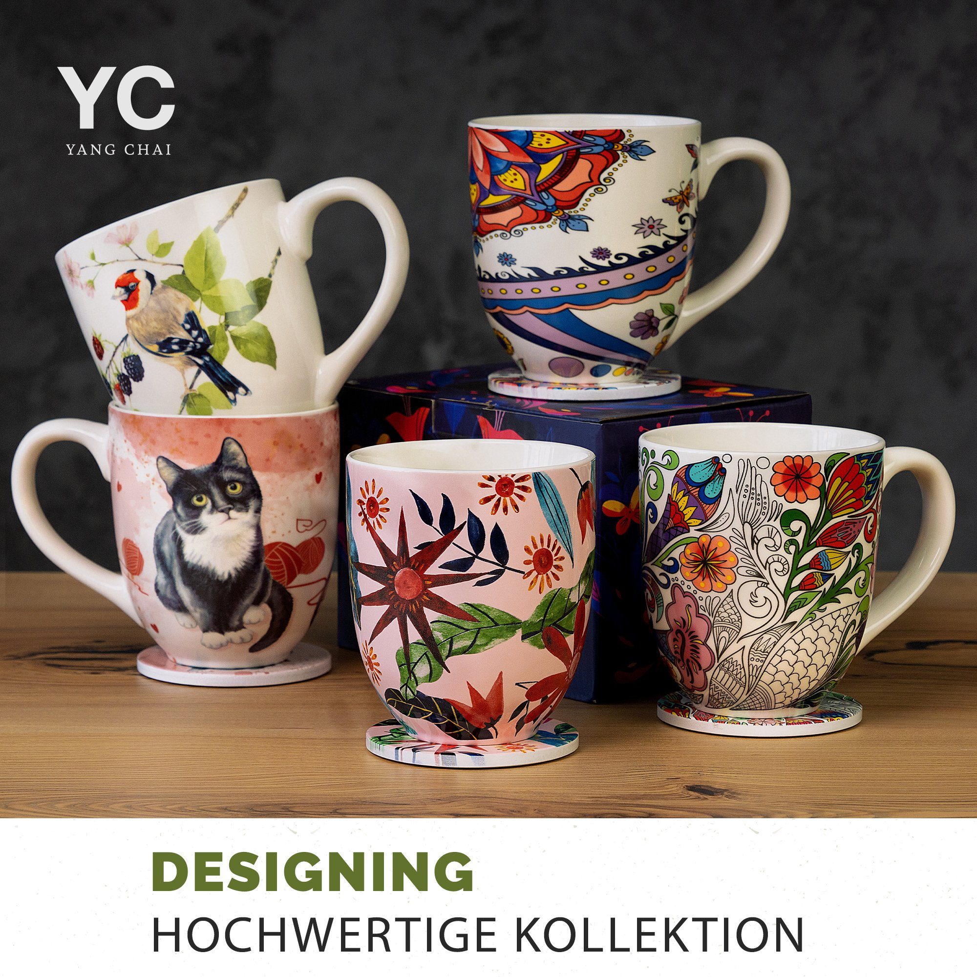 4-teiliges Tasse Yang Porzellan, Große hochwertiges Motiv mit Teeset Teetasse, Vogel Chai mit XXL 900ml Jumbotasse Fassungsvermögen,
