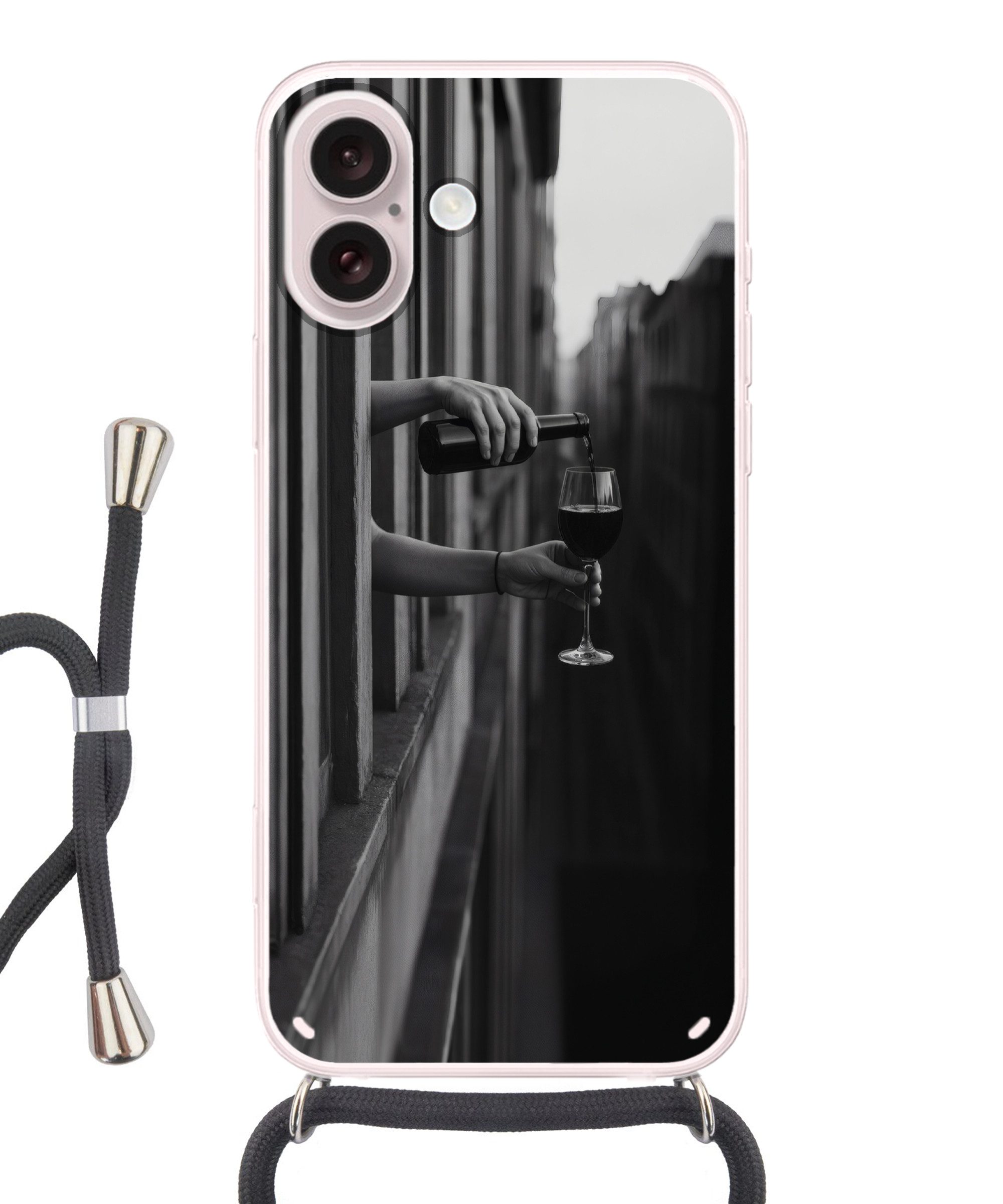 MuchoWow Handyhülle für Apple iPhone 16 Weinflasche - Glas - Hände - Fenster, Tragbare Handyhüllen mit Kette zum umhängen, Handykette Handyband