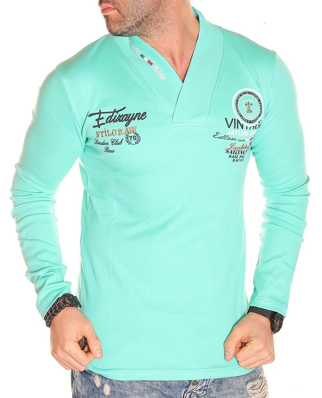 Jaylvis Langarmshirt V-Ausschnitt, Stickerei mit Logofarbdruck und Langarmshirt Mint