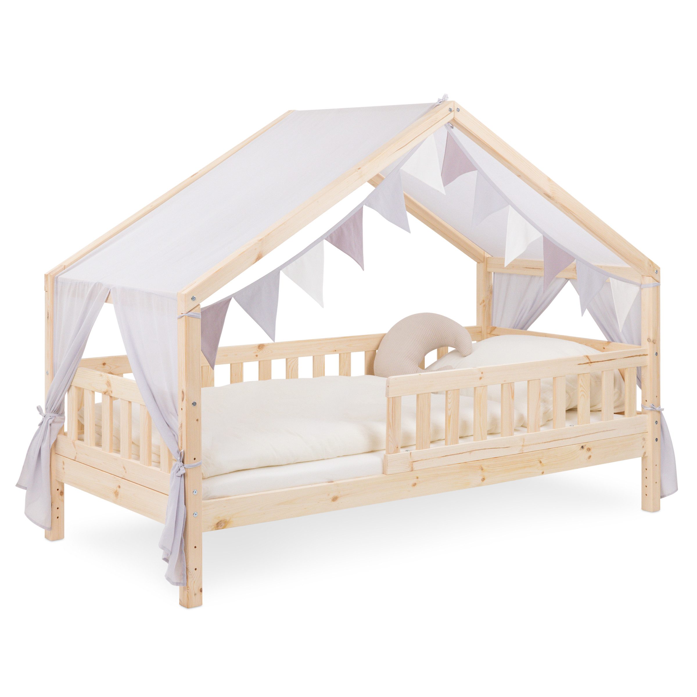 Ehrenkind Betthimmel für Panorama Hausbett Lille mit Wimpelkette (Hellgrau, passend für Panorama Hausbett Lille 90x200), halbtransparenter Stoff mit hoher Luftdurchlässigkeit