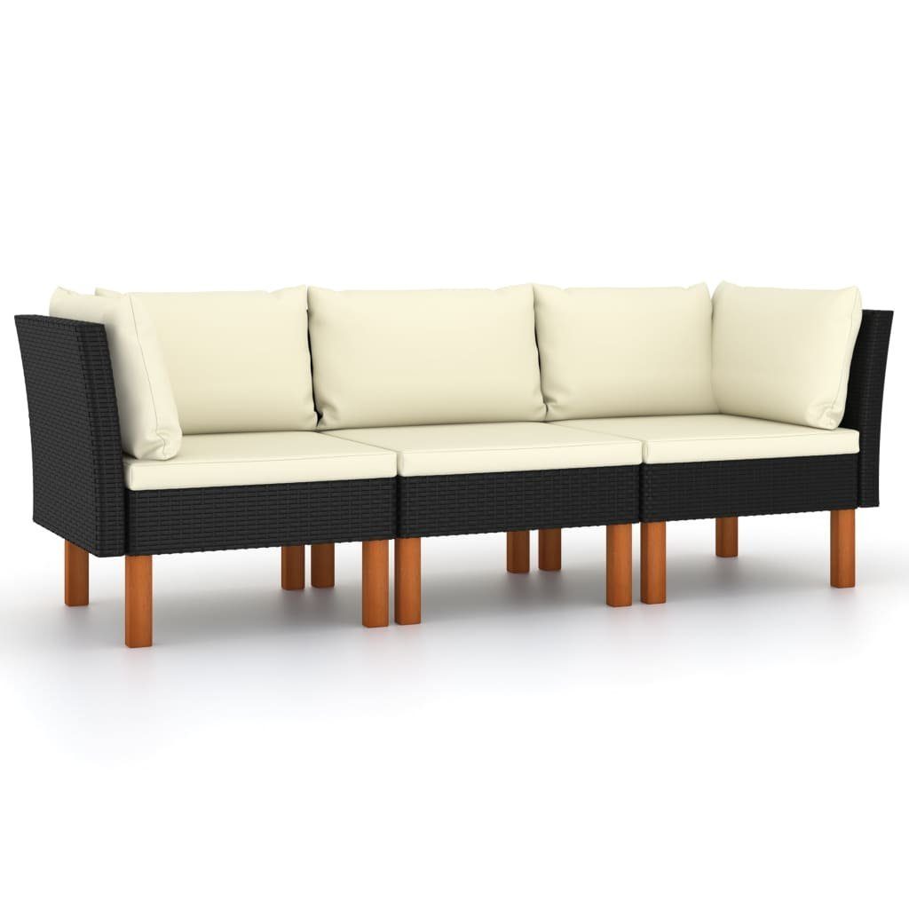 vidaXL Gartenlounge-Set 3-Sitzer-Gartensofa mit Kissen Schwarz Poly Rattan, (3-tlg)