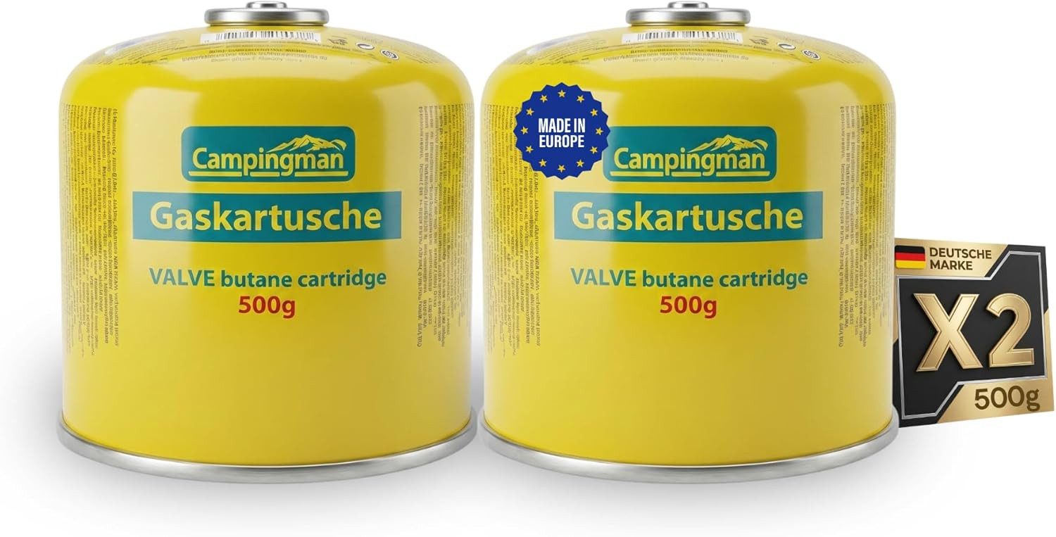 Campingman Gaskartusche 500g mit Schraubventil EN 417 – Butangas Kartusche, Zubehör für Universal Schraubkartusche für Campingkocher, 2 St., Unkrautbrenner, Weber Grill & Campinggas