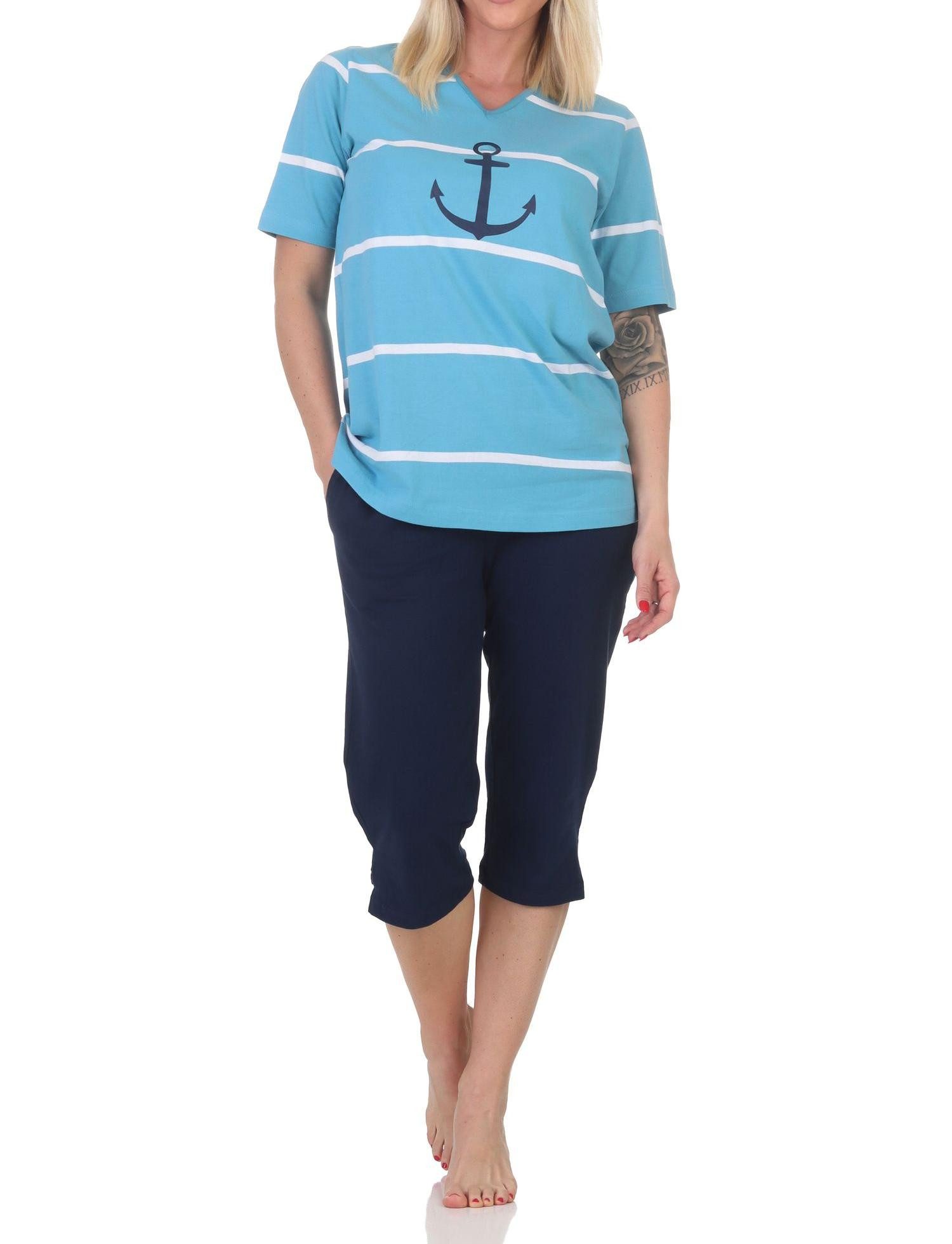 Normann Pyjama Maritimer Damen kurzarm Capri Schlafanzug mit Anker Motiv