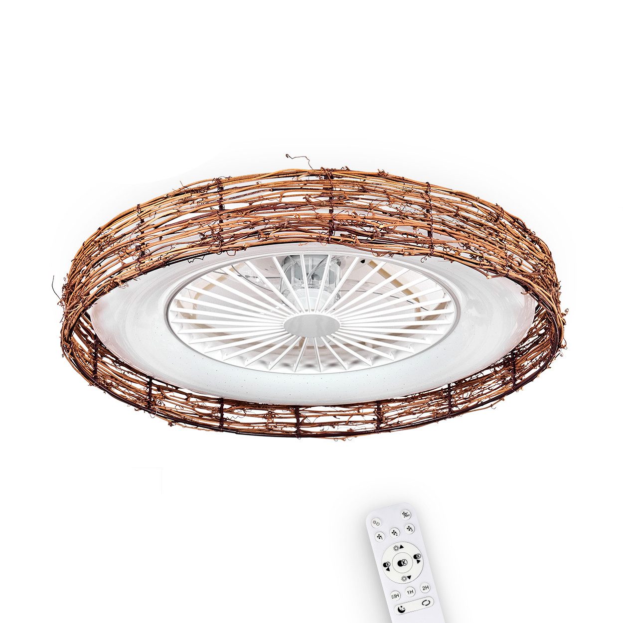 hofstein Deckenventilator Ventilator aus Kunststoff/Bambus in Weiß/Natur/Glitzereffekt, Ø 55cm, Boho Leuchte, Fernbedienung, 40W, 1700 Lumen, 3000-6500 Kelvin, CCT