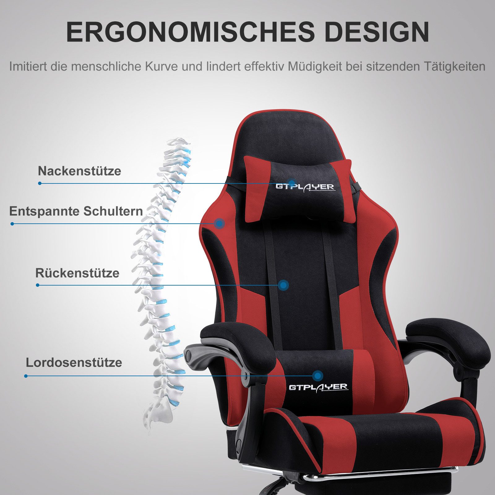 GTPLAYER Gaming-Stuhl Bürostuhl mit Massagefunktion, Fußstütze, Kopfstütze (Packung), Ergonomischer Gamer Stuhl Maximale Belastung 150 kg, 360° drehbar – Bild 2 von 5