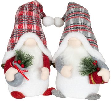 Christmas Paradise Weihnachtsfigur sitzender Wichtel 34cm (48cm) mit Beleuchtung (Dekofiguren, 2 St., im Set), LED Gnom Doppelpack, 2 Designs Grau-Weiß/Rot-Weiß, Weihnachtsdeko