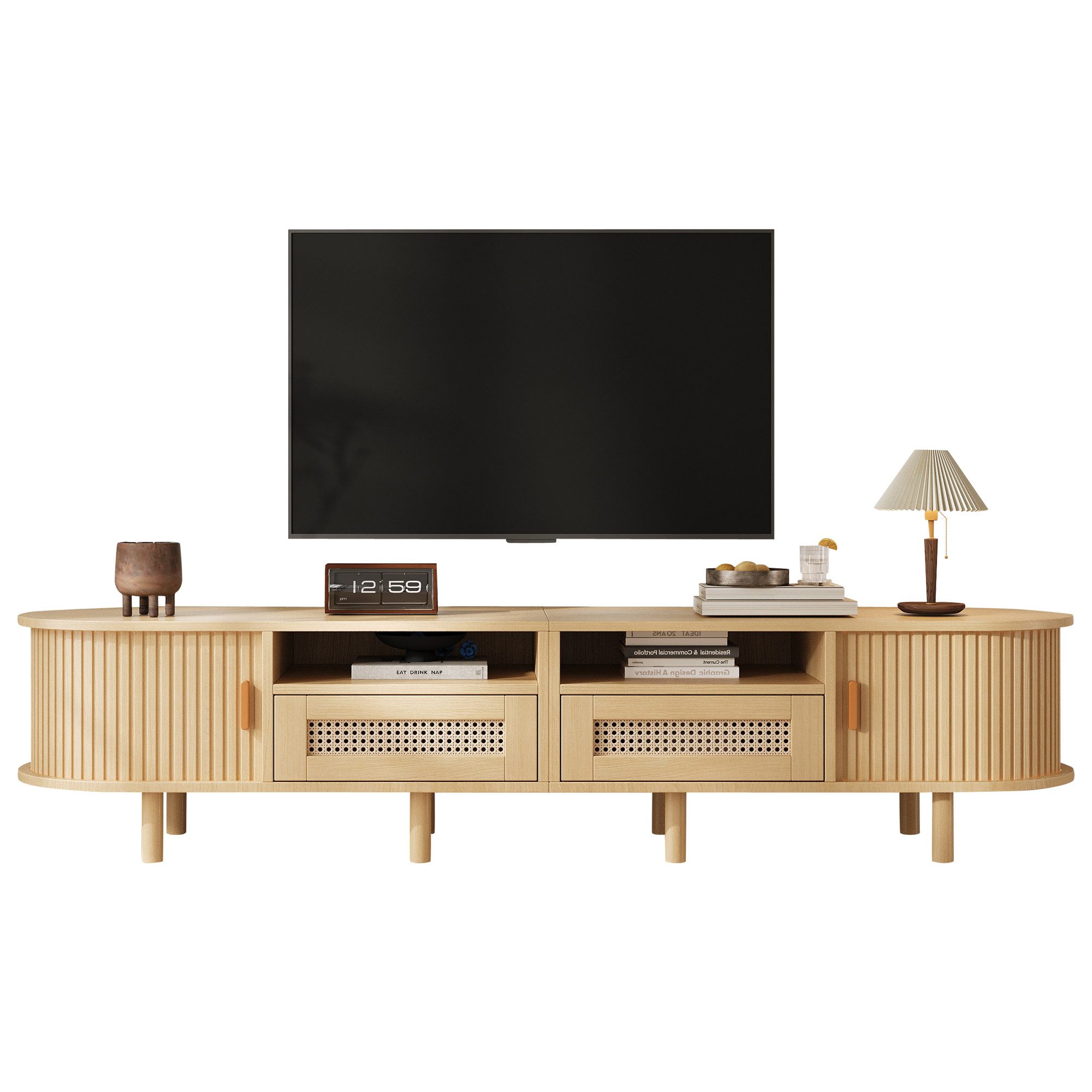 Merax Lowboard Retro-Modernes TV-Board in Walnuss/Natur (1 St., Fernsehtisch Ovales Lowboard), TV-Schrank mit 2 Rattan-Schubladen, 2 Schiebetüren & 8 stabilen Beinen
