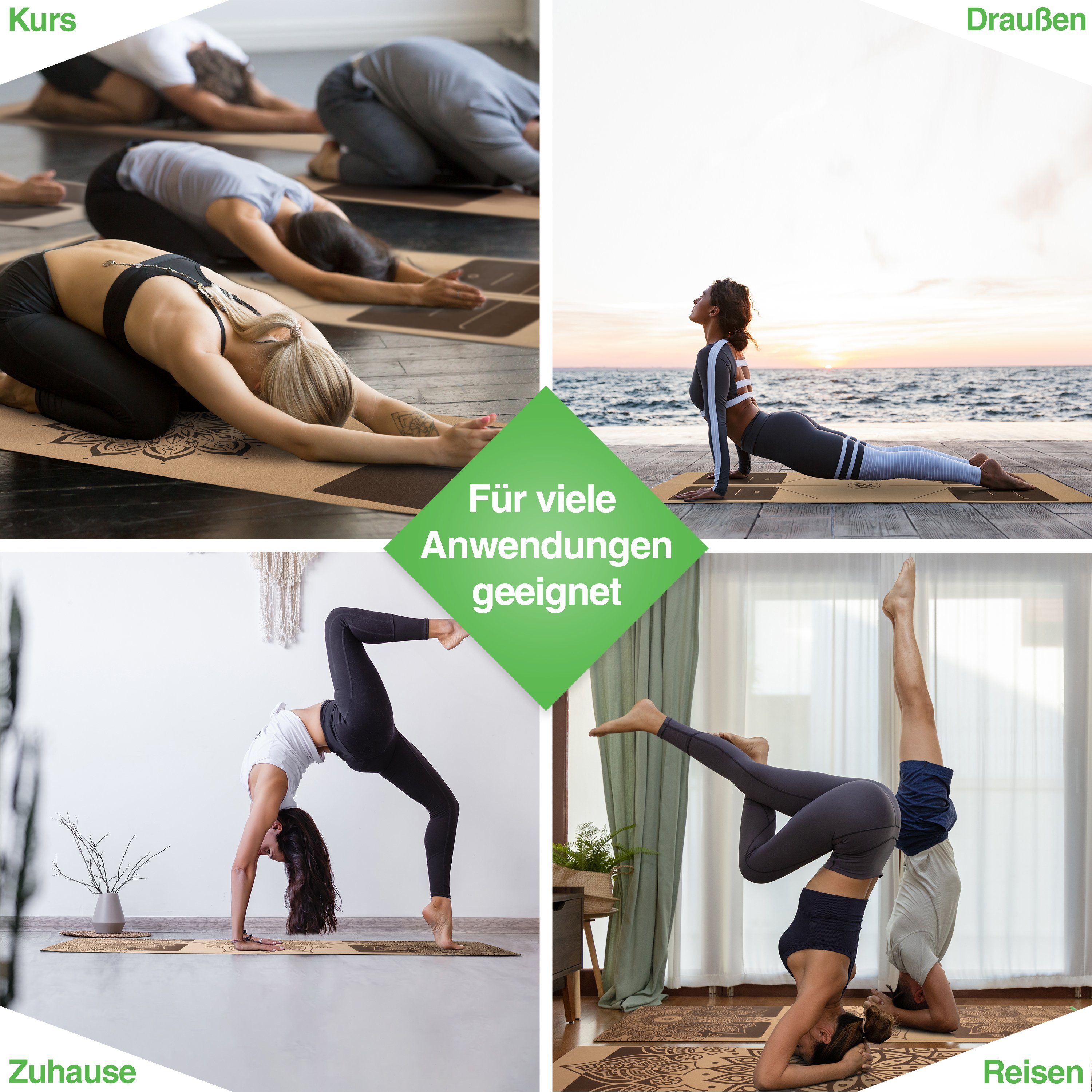 BACKLAxx® Yogamatte Kork mit Naturkautschuk (Kork, 2teilig mit GRATIS Videokurs), 4 mm stark, aus natürlichen Rohstoffen, mit Antirutschzonen