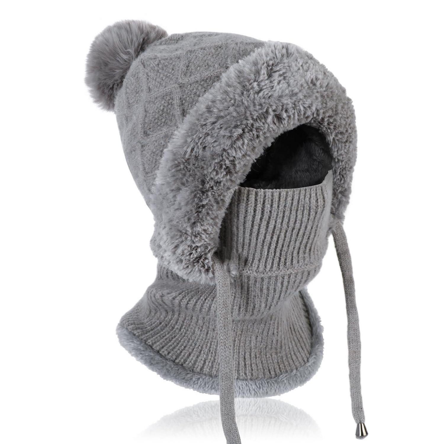 Strickmütze Strickmütze Damen Thermo 3in1 Beanie Halswärmer Grau