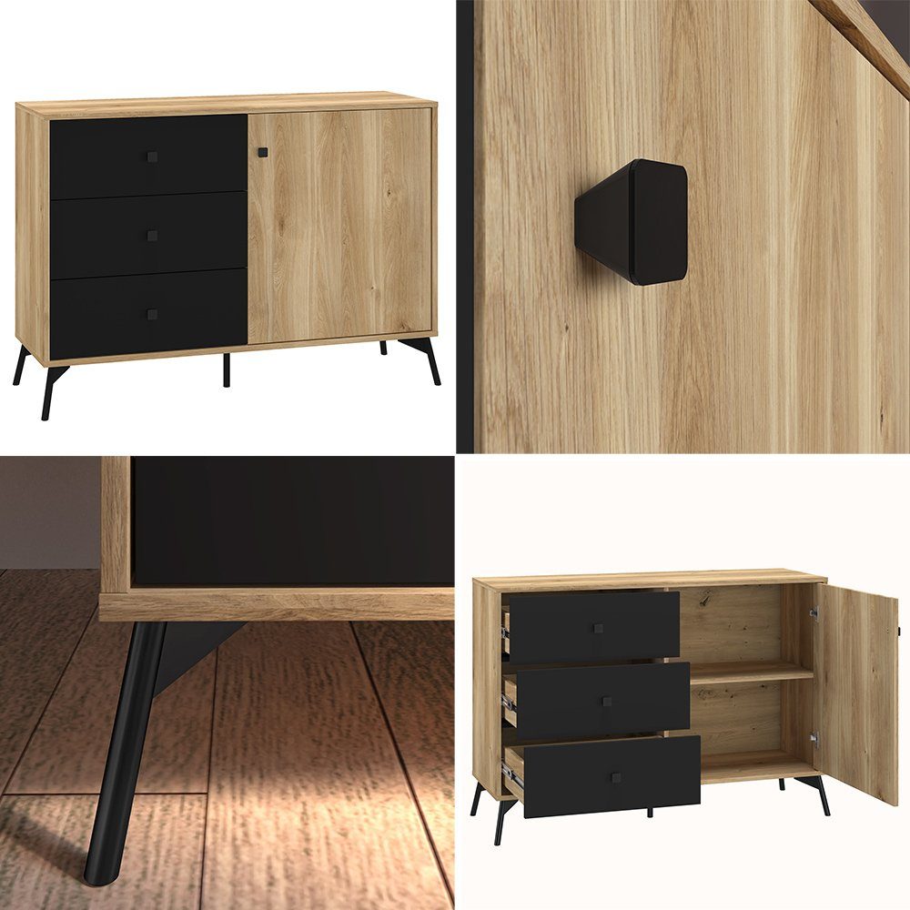 Wohnmöbel ARONA-132, Wohnwand modernen Beleuchtung schwarz (3-St., 3-tlg), ARONA-131 Lomadox Design Eiche