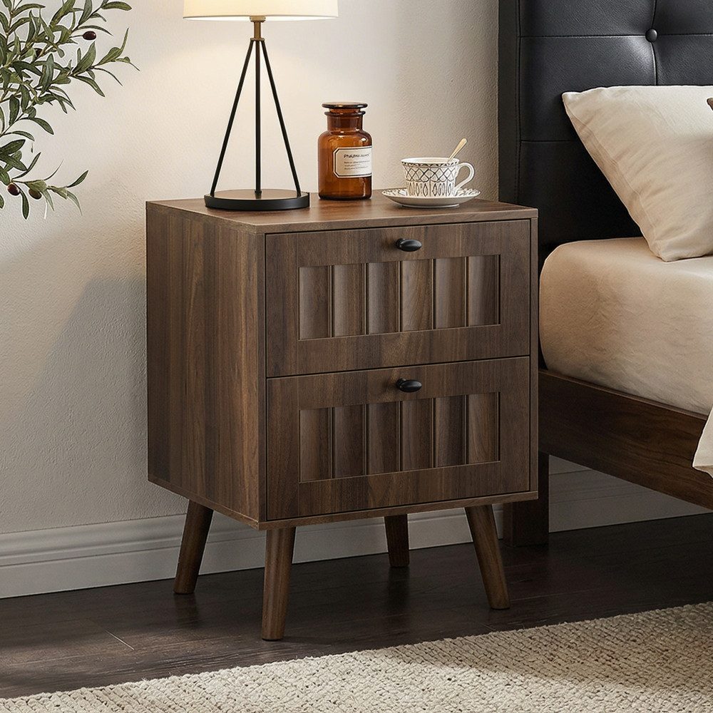 BBWL Nachttisch 2 Schubladen Holz Mid Century Beistelltisch mit Massivholzbeinen, Walnuss moderner Schlafzimmer Tisch