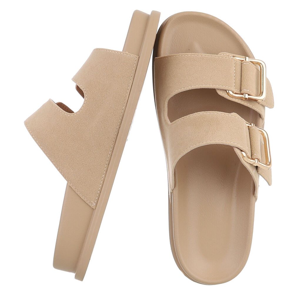 Ital-Design Damen Freizeitsandale mit Schnallen und Fußbett Pantolette (91971010) Flach Pantoletten in Beige