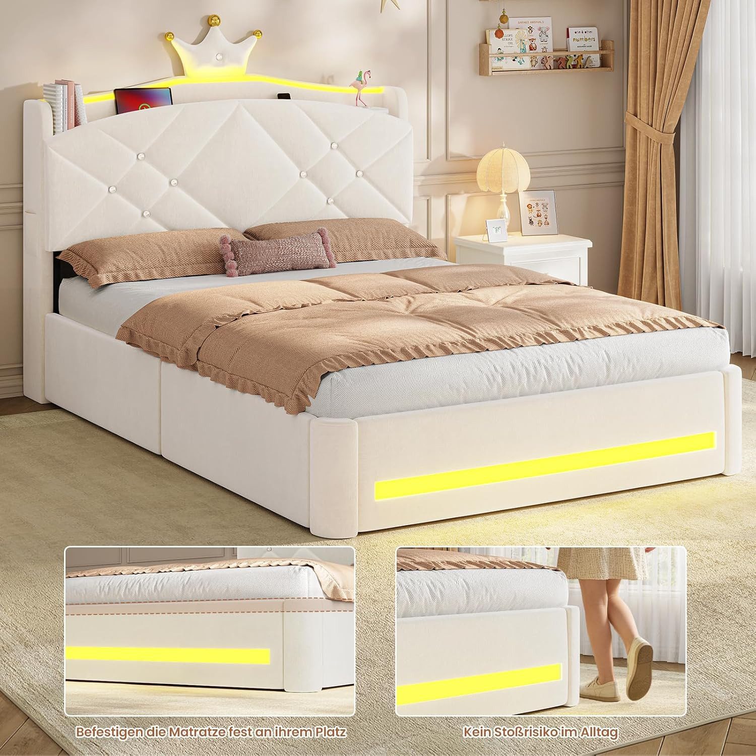 MSMASK Kinderbett im Kronen-Design mit LED-Beleuchtung, Ladestation und 2 Schubladen (Ohne Matratze), Polsterbett Jugendbett Prinzessinnenbett 140 x 200cm – Bild 5 von 5