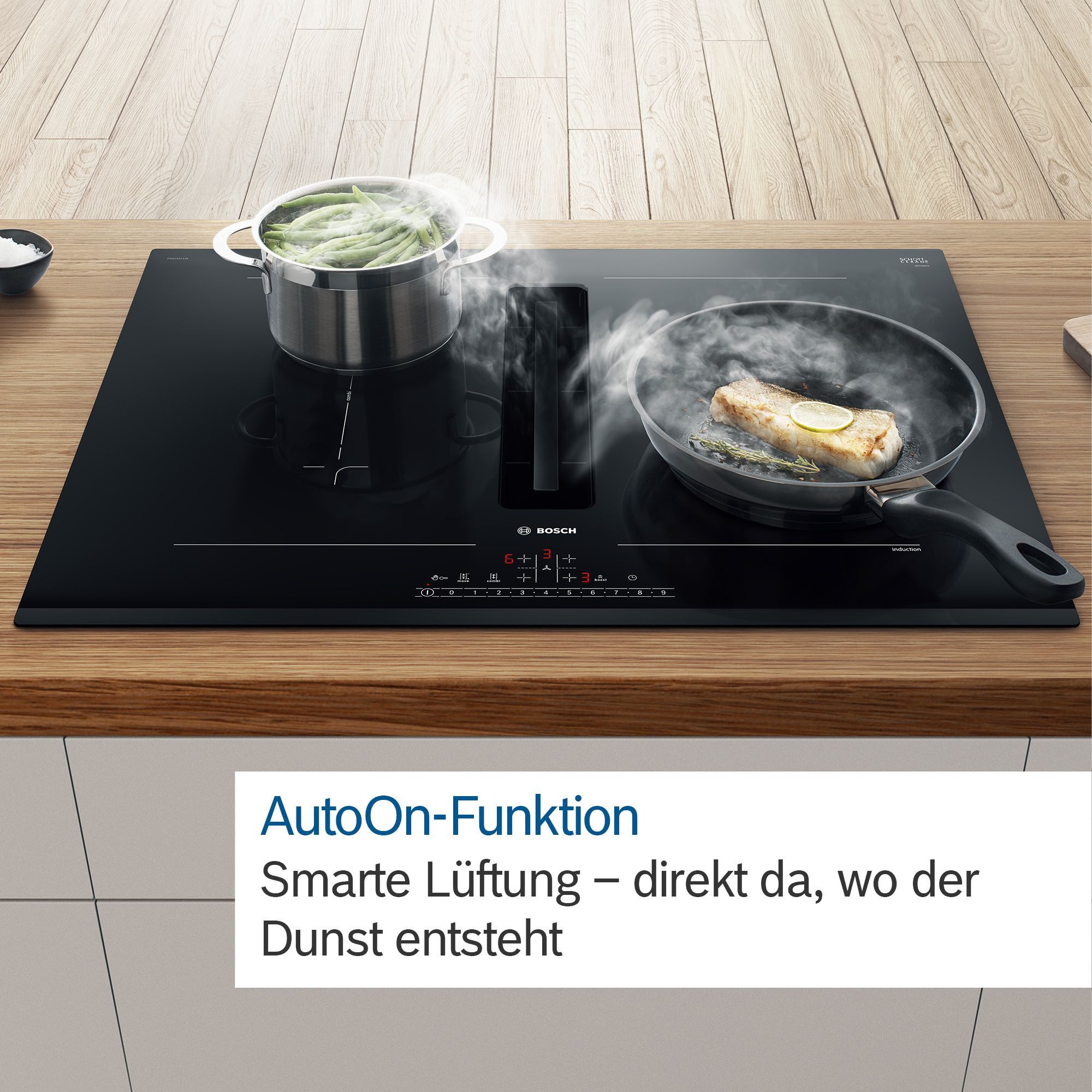 BOSCH Kochfeld mit Dunstabzug Serie 6 PVQ811H26E, DirectSelect für einfachen Bedienkomfort, Combi Zone für große Töpfe