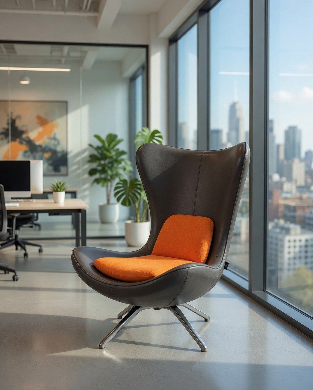 Xlmoebel Loungesessel Stylischer grauer Sessel mit hoher Lehne und orangefarbenen (1-St., Loungesessel grau/orange), Made in Europa