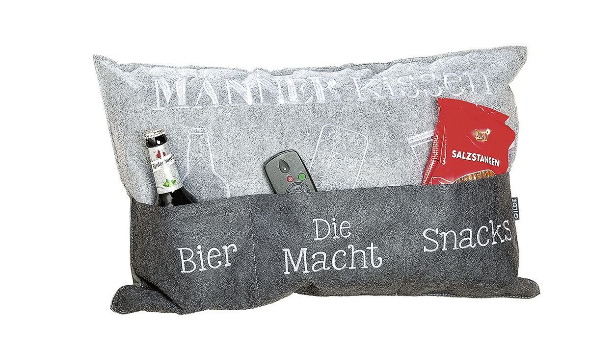 Dekoobjekt Männerkissen hellgrau/dunkelgrau mit Taschen, bestickt „Bier“ / „Die M