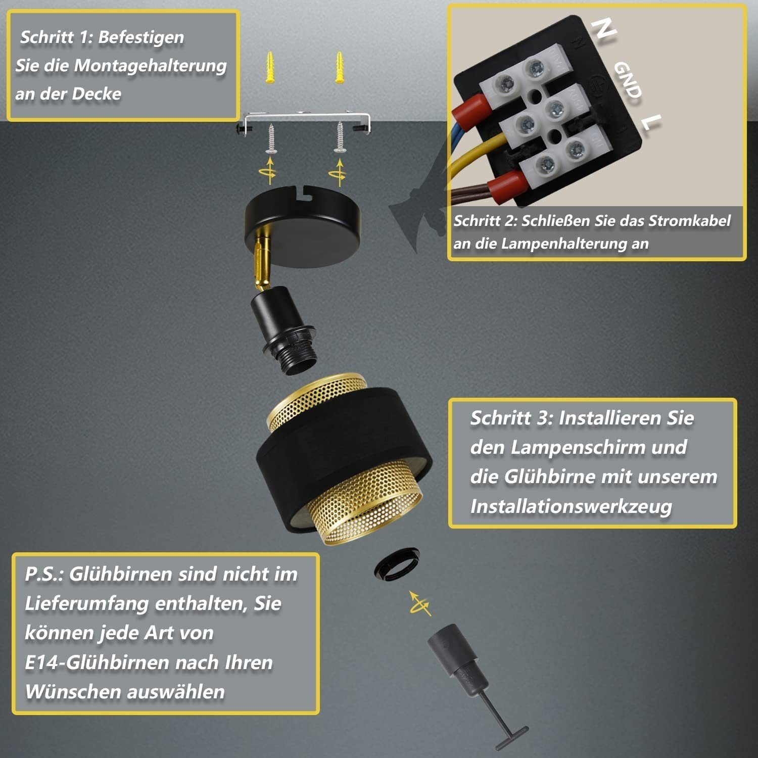 Industrial Flur E14 Nettlife Küche Metall, für Stofflampenschirm mit Vintage Deckenstrahler wechselbar, 270° Schlafzimmer LED Wohnzimmer Schwarz DREHBAR+180°VERSTELLBAR,