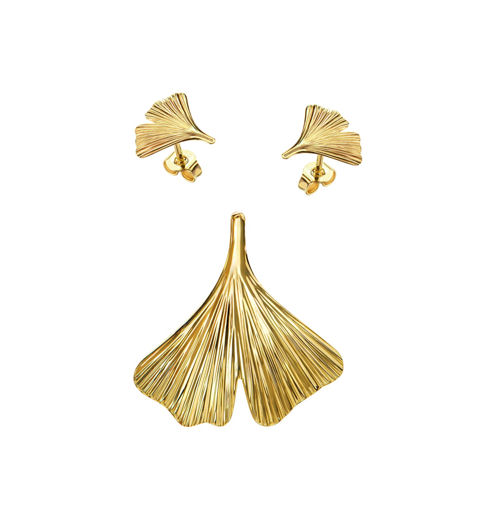 JEVELION Schmuckset Anhänger Ginkgo mit 2x Ohrstecker 585 Gold - Made in Germany (Goldanhänger + Gold-Ohrschmuck, für Damen und Mädchen), Mit Kette vergoldet- Länge wählbar 36 - 70 cm oder ohne Kette.