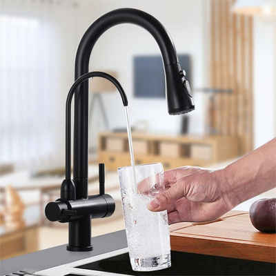 HOMELODY Küchenarmatur 3 Wege Wasserhahn Küche Trinkwasserhahn mit Ausziehbarer Brause 360°-Drehbar 3-in-1 Spültischarmatur Schwarz 2 Griffe