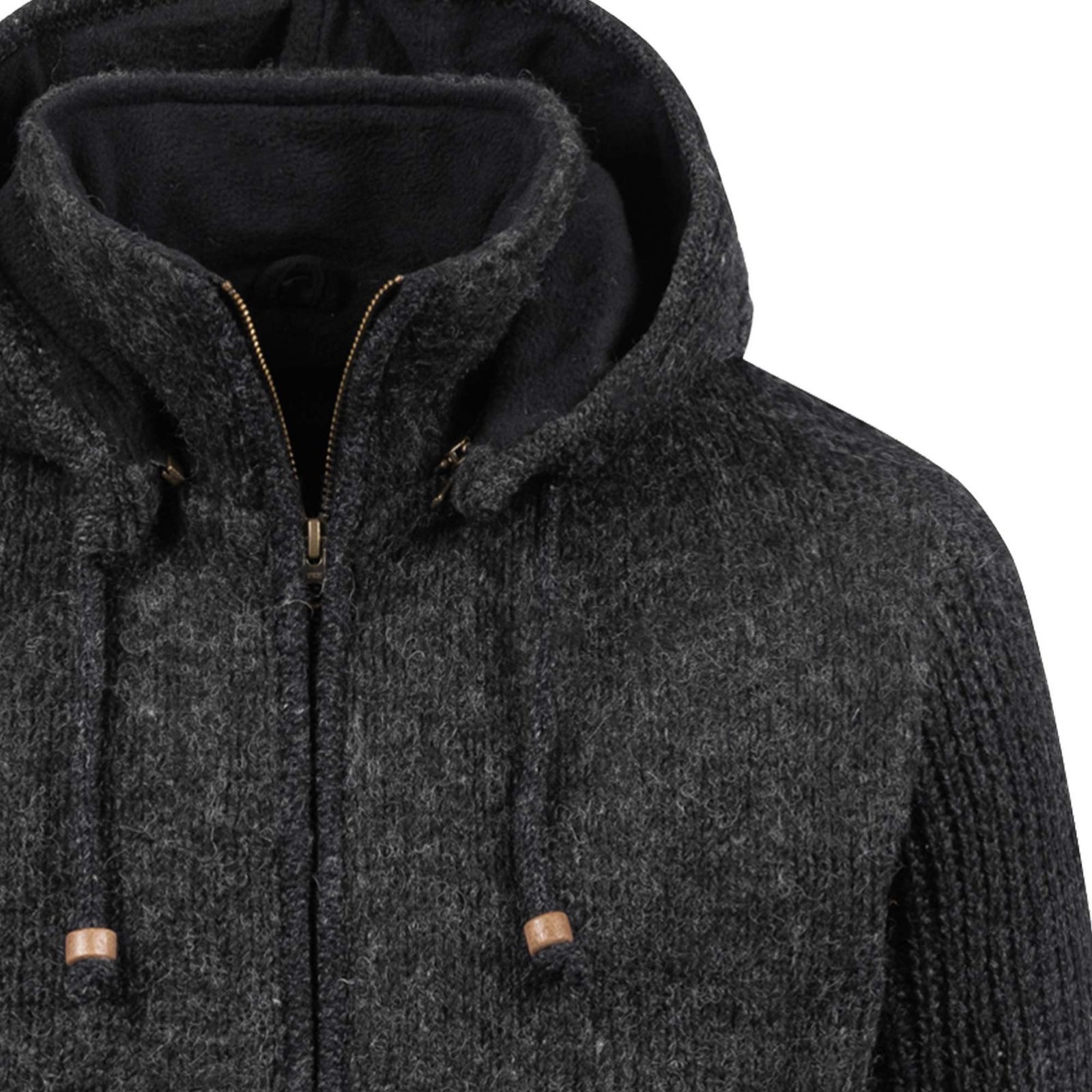 KUNST UND MAGIE Strickjacke Strickjacke Schurwolle Klassich Nordisch Wolle +Kapuze Kragen Schwarz
