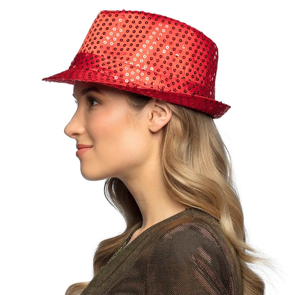 Boland Kostüm Pailletten-Hut glitzernd Popstar Hut rot für Karneval Disco Party, farbenfrohes Basic-Accessoire für Karneval, Disco und Festivals