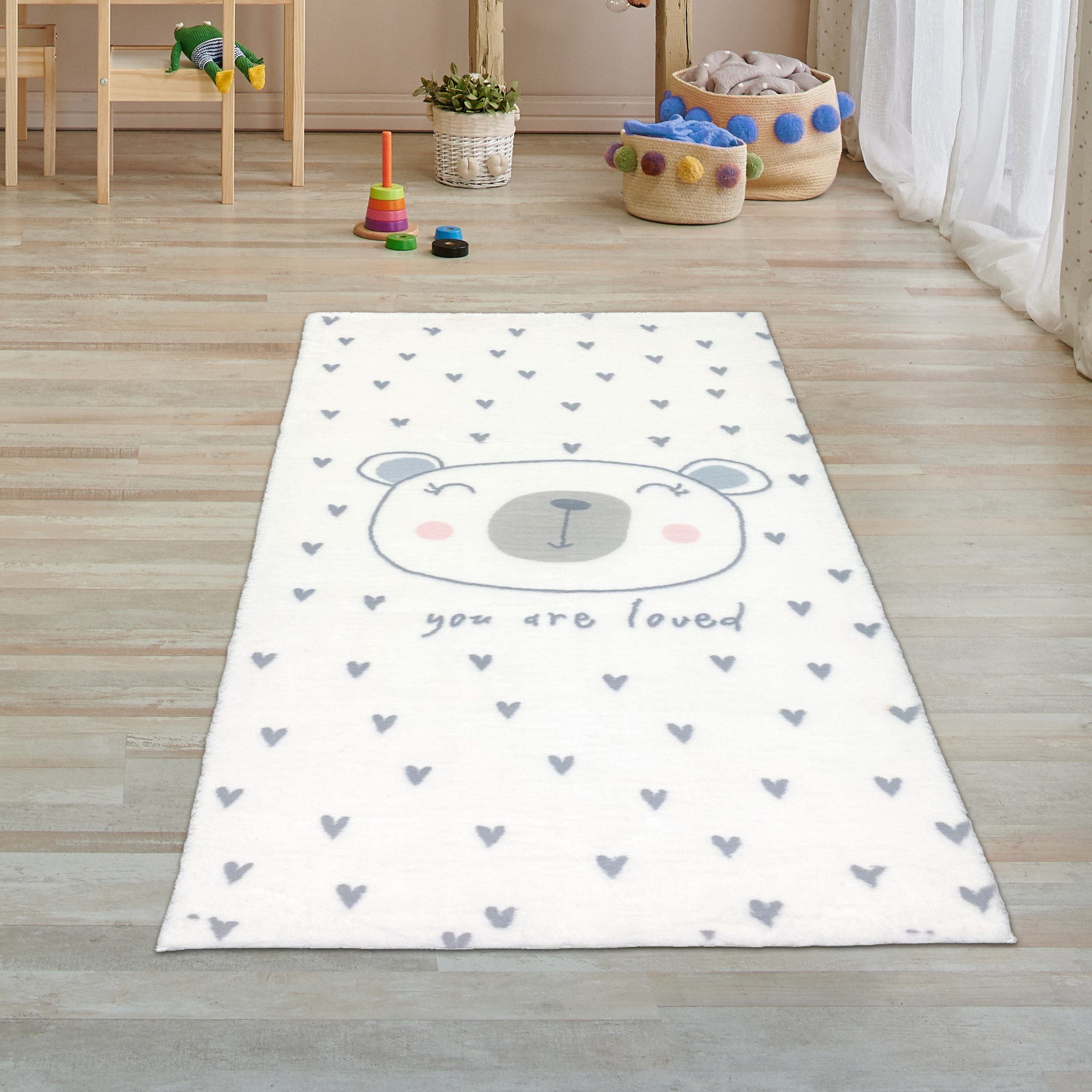 Kinderteppich Kinderzimmer-Teppich weich Herzchen und ein niedlicher Bär - creme, Teppich-Traum, rechteckig