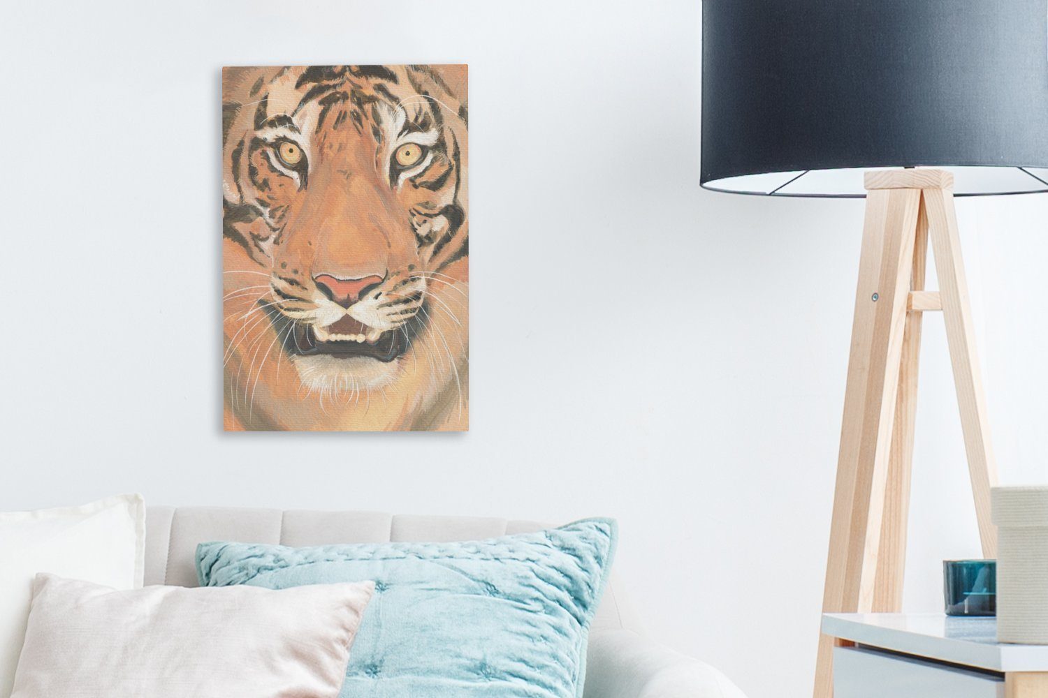 Zackenaufhänger, fertig St), 20x30 Farbe OneMillionCanvasses® - - Leinwandbild Tiger inkl. Leinwandbild bespannt (1 cm Gemälde, Zähne,