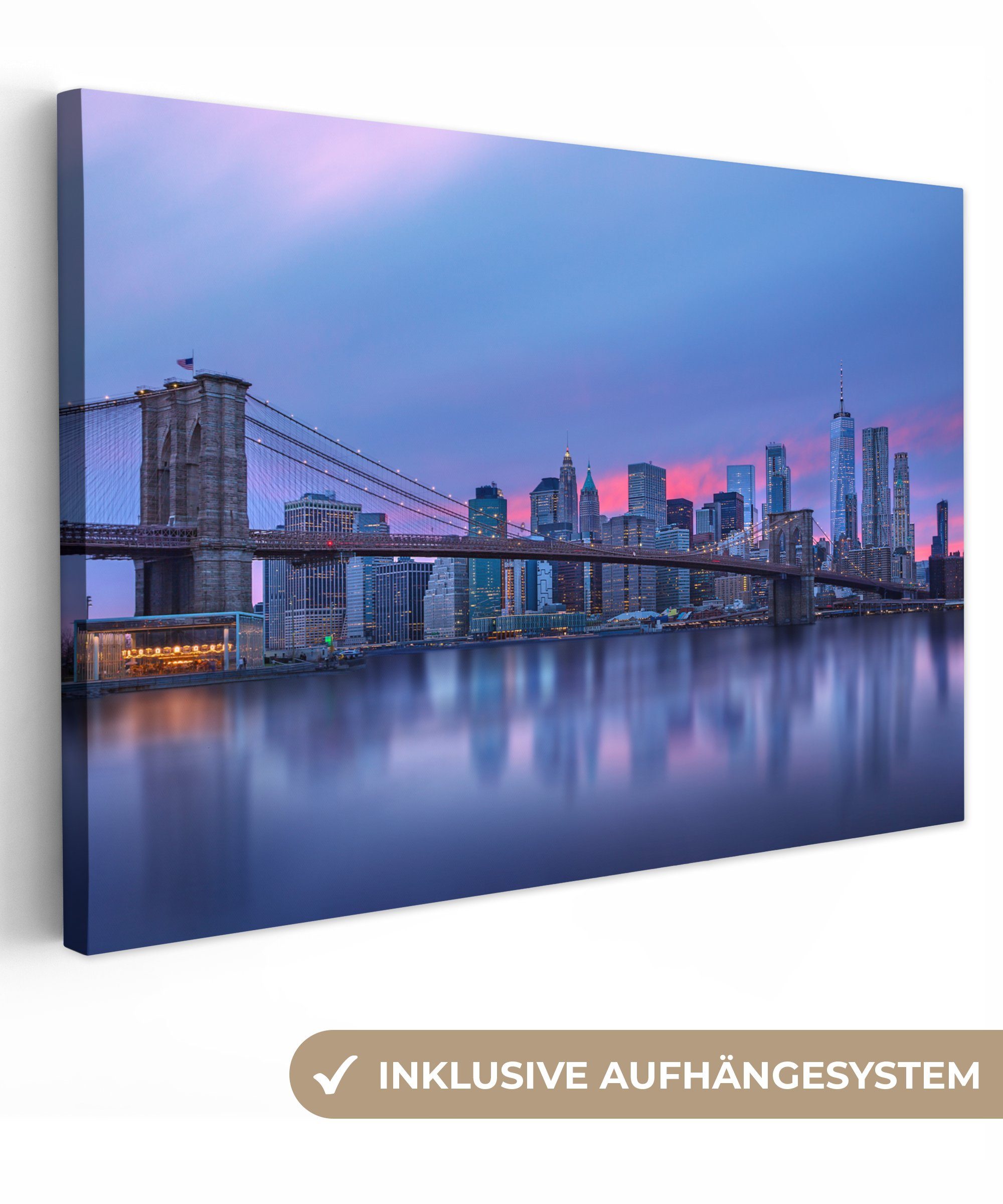 OneMillionCanvasses® Leinwandbild New York - Wasser - Brücke, (1 St), Wandbild Leinwandbilder, Aufhängefertig, Wanddeko, 30x20 cm