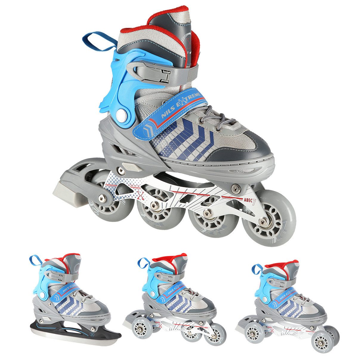 NILS EXTREME Inlineskates 4-IN-1 Inliner Schlittschuhe Rollschuhe wechselbare Kufen, Verstellbare Größe & verstellbare Rollen