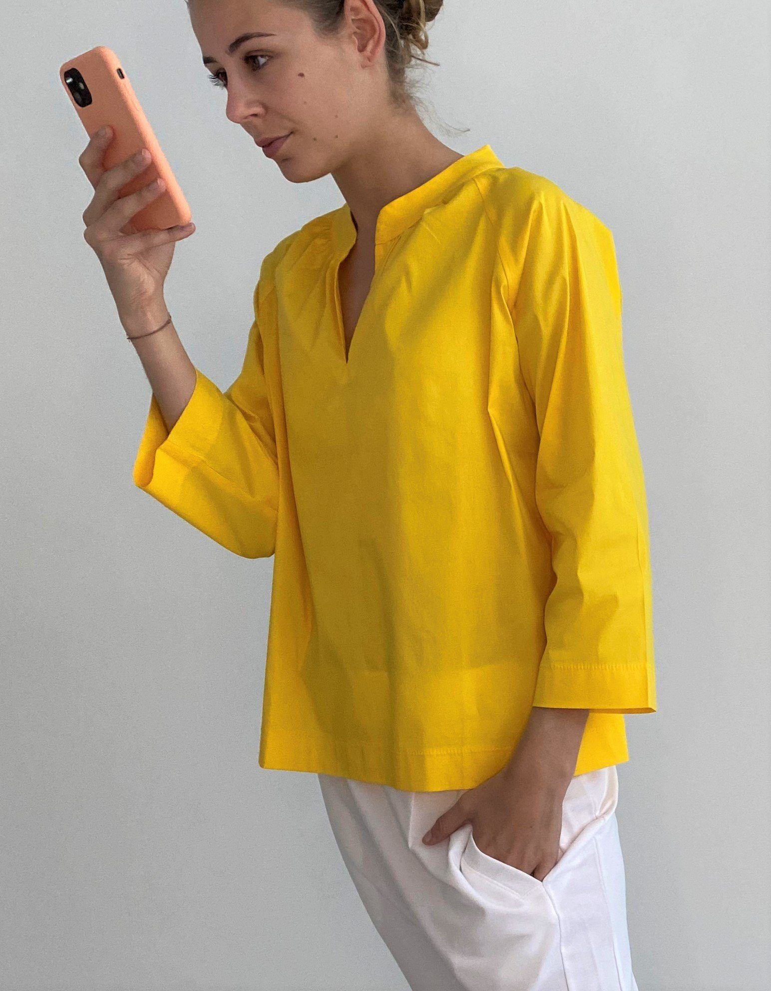 Damen Blusen Zuckerwatte Klassische Bluse Schlupfbluse mit V-Ausschnitt, aus Baumwolle mit Elasthan
