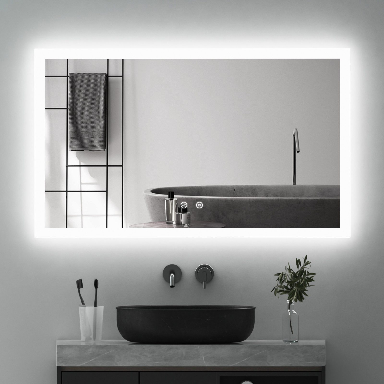 WDWRITTI Badspiegel Badezimmerspiegel mit Beleuchtung Wandspiegel Led Touch Wandschalter (Spiegel Bad, 3Lichtfarben, Memory, Helligkeit dimmbar), 3000K/4000K/6500K, IP44