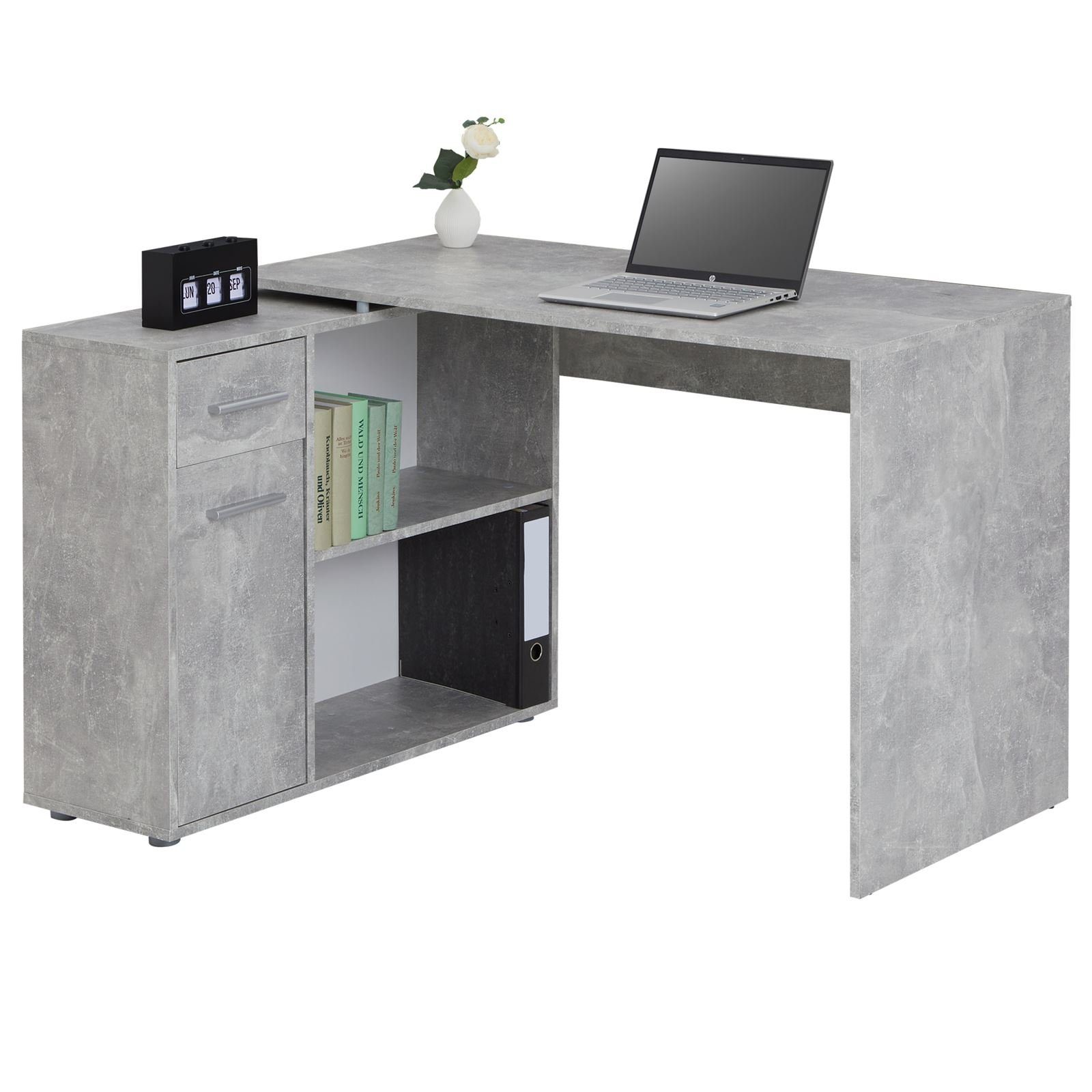 Computertisch mit Schreibtisch Bürotisch Eckschreibtisch IDIMEX Regal Winkel Betonoptik ISOTTA, Eckschreibtisch