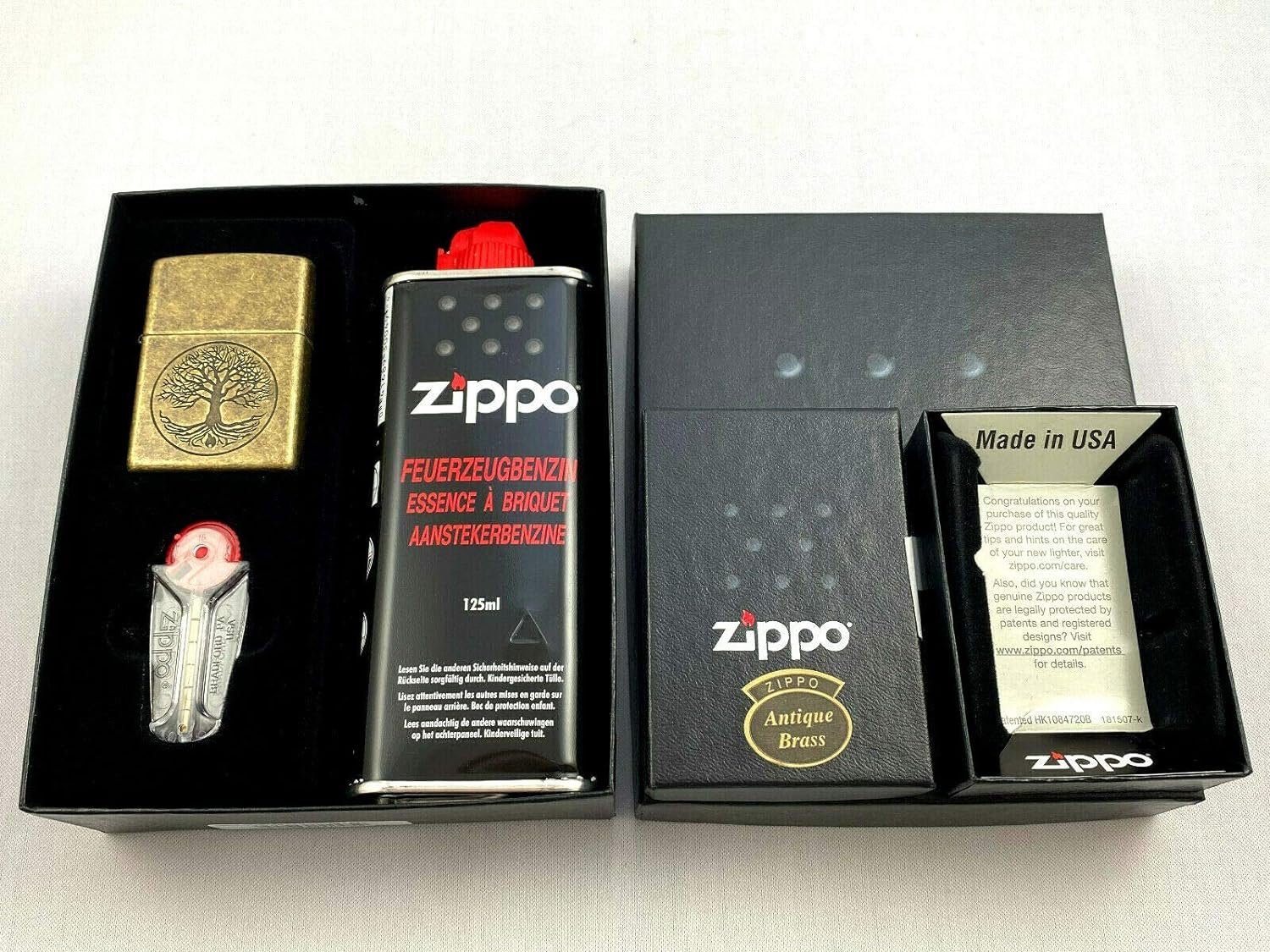 Zippo Feuerzeug Zippo Lebensbaum Tree of Life Antik Finish Feuerzeug Geschenk Set (1-St., 4 teilg), inkl. Geschenkbox, 6 Feuersteine, 125ml Benzin und Zippo Feuerzeug