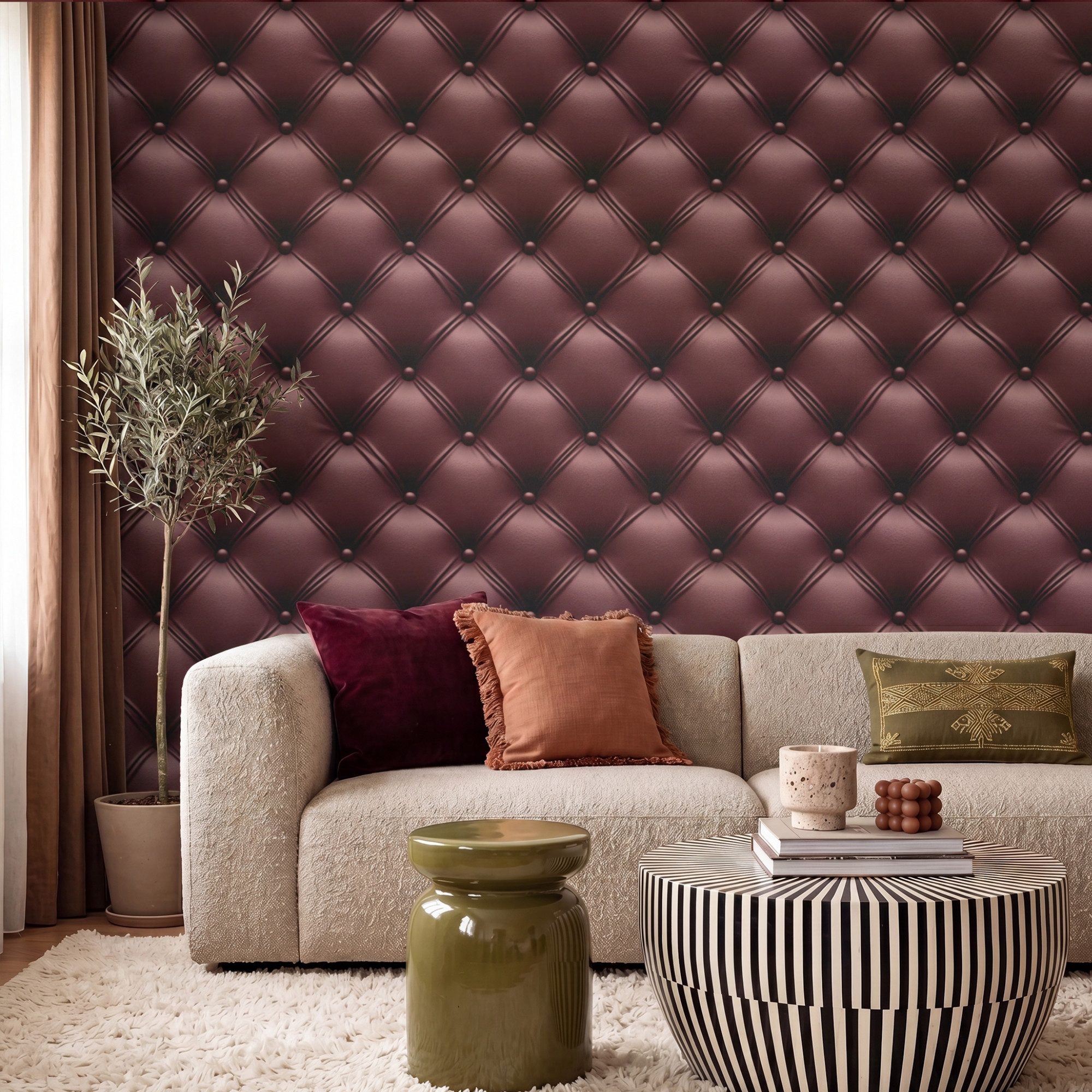 OnlyWow Fototapete Leder - Muster - Bordeaux, Matt, bedruckt, Wandtapete, Wohnzimmer, Vinyl Tapete 260x220cm