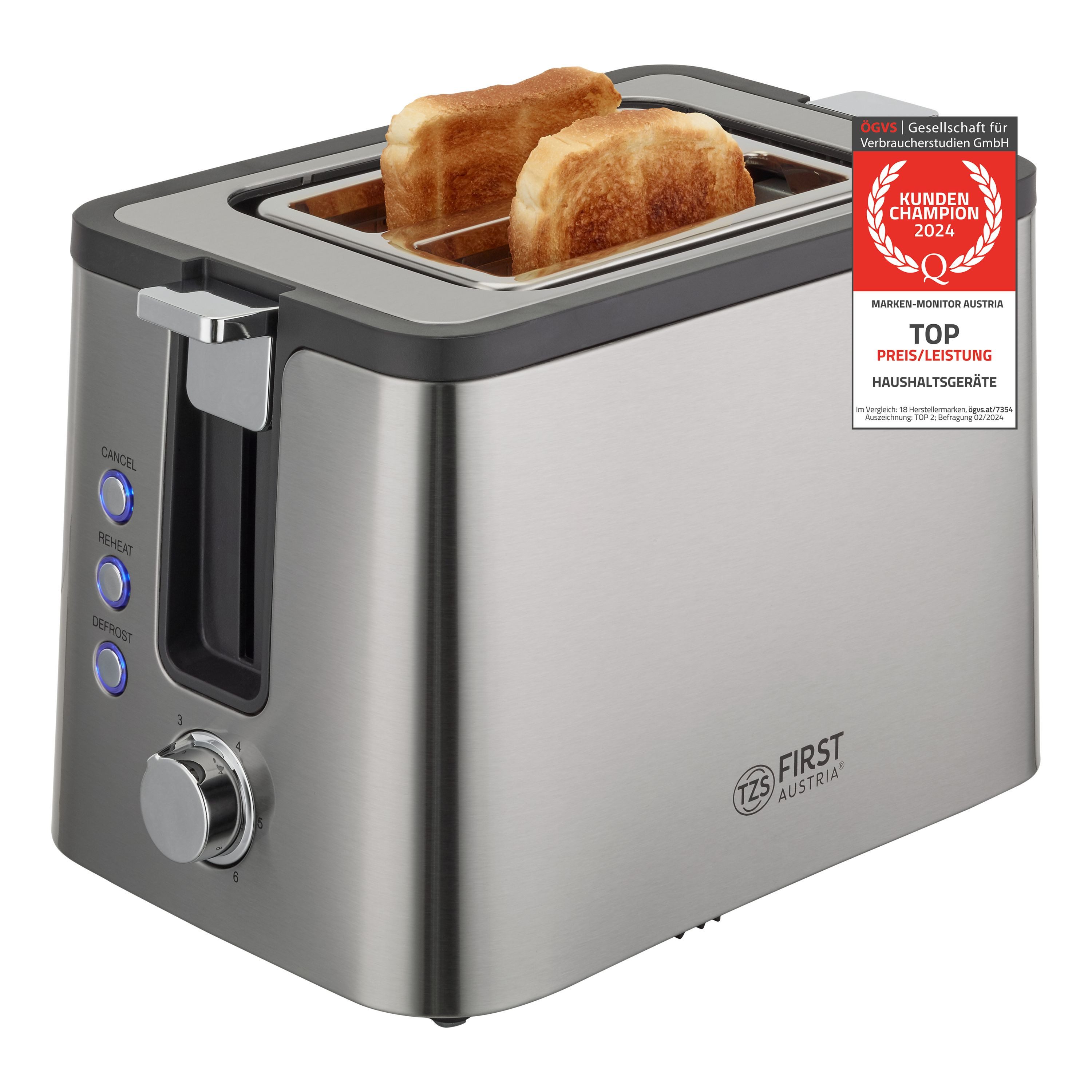 TZS FIRST AUSTRIA Toaster Edelstahl 2-Scheibentoaster 800W Auftau- & Aufwärmfunktion, für Küche, Haushalt, 800 W, 6 Bräunungsstufen, Selbstzentrierung, Brötchenwärmer & Krümelfach