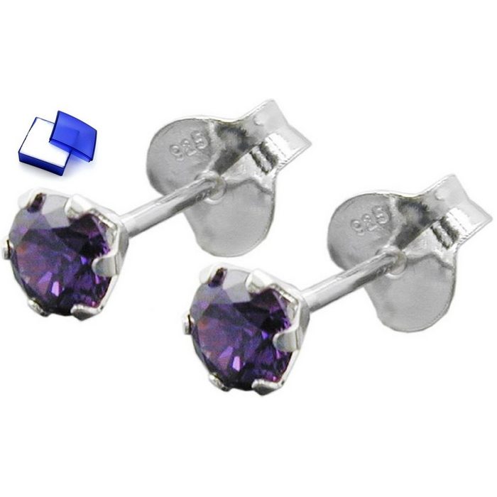 unbespielt Paar Ohrstecker Ohrstecker Ohrringe Zirkonia amethyst violett 925 Silber 4 mm inklusive Schmuckbox Silberschmuck für Damen