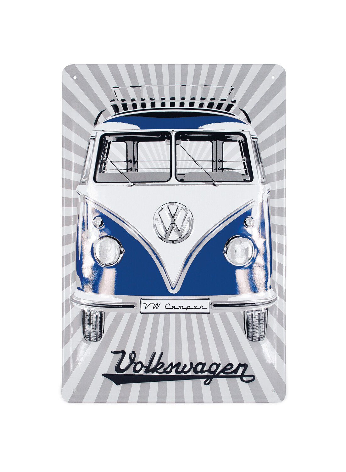 VW Collection by BRISA Metallschild Volkswagen Retro-Blech-Schild-Vintage-Dekoration, (Made in Germany, 1 Stück), Geschenk-Idee aus Metall im blauen T1 Bus Design, 20x30 cm