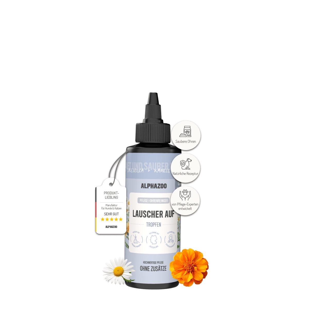 ALPHAZOO Fellpflege Lauscher-Auf Ohrenreiniger für Katzen 100 ml, 100 ml, (1-St., Reinigung von Schmutz und Ohrenschmalz), Sanfter Ohrreiniger für sensible Katzenohren