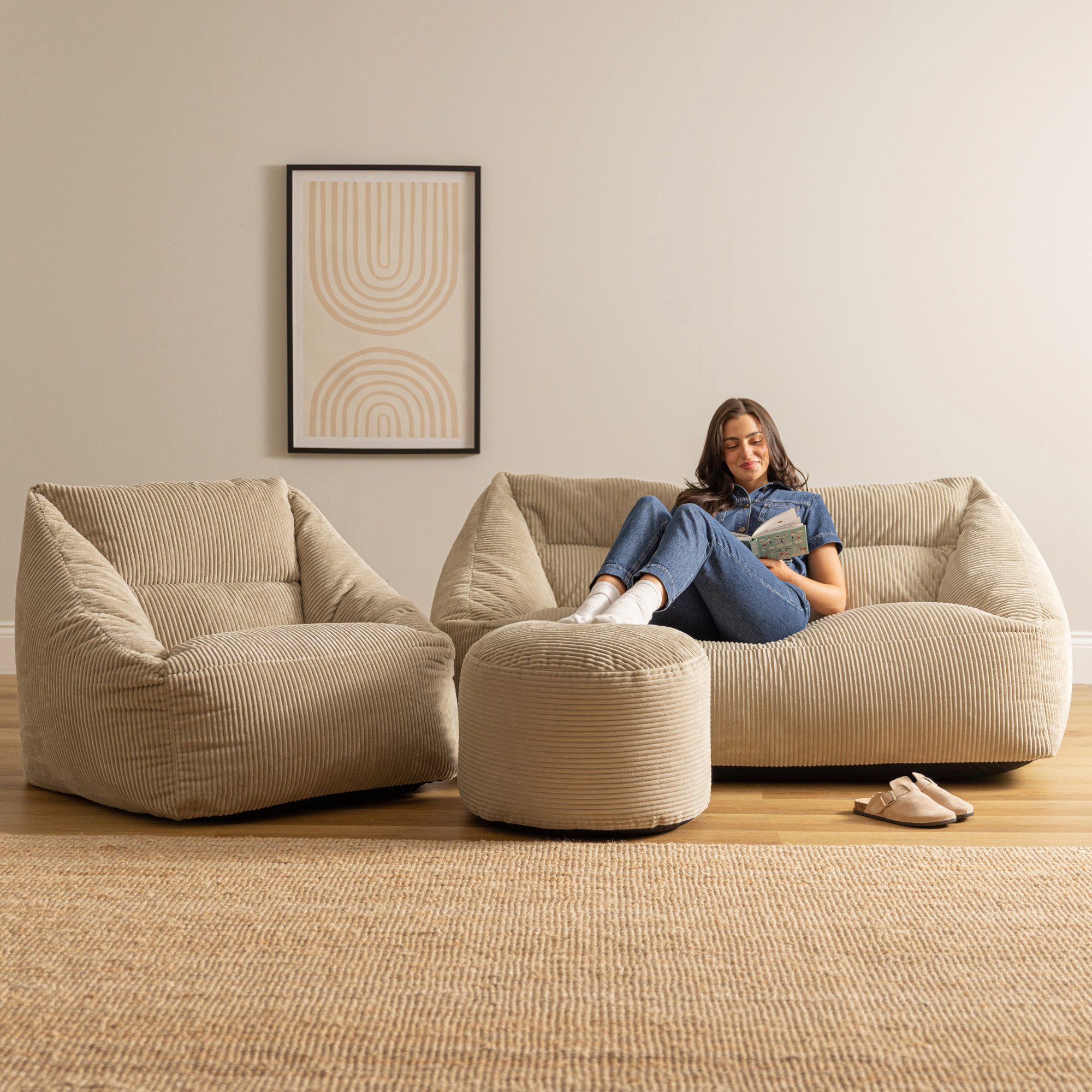 icon Sitzsack Sofa und Sessel aus Cord „Cecilia" mit und runder Sitzpouf (Spar-Set, 1 x Sofa, 1 x Sessel, 1 x Hocker), Made in Germany, für Erwachsene, Sitzsack XXL