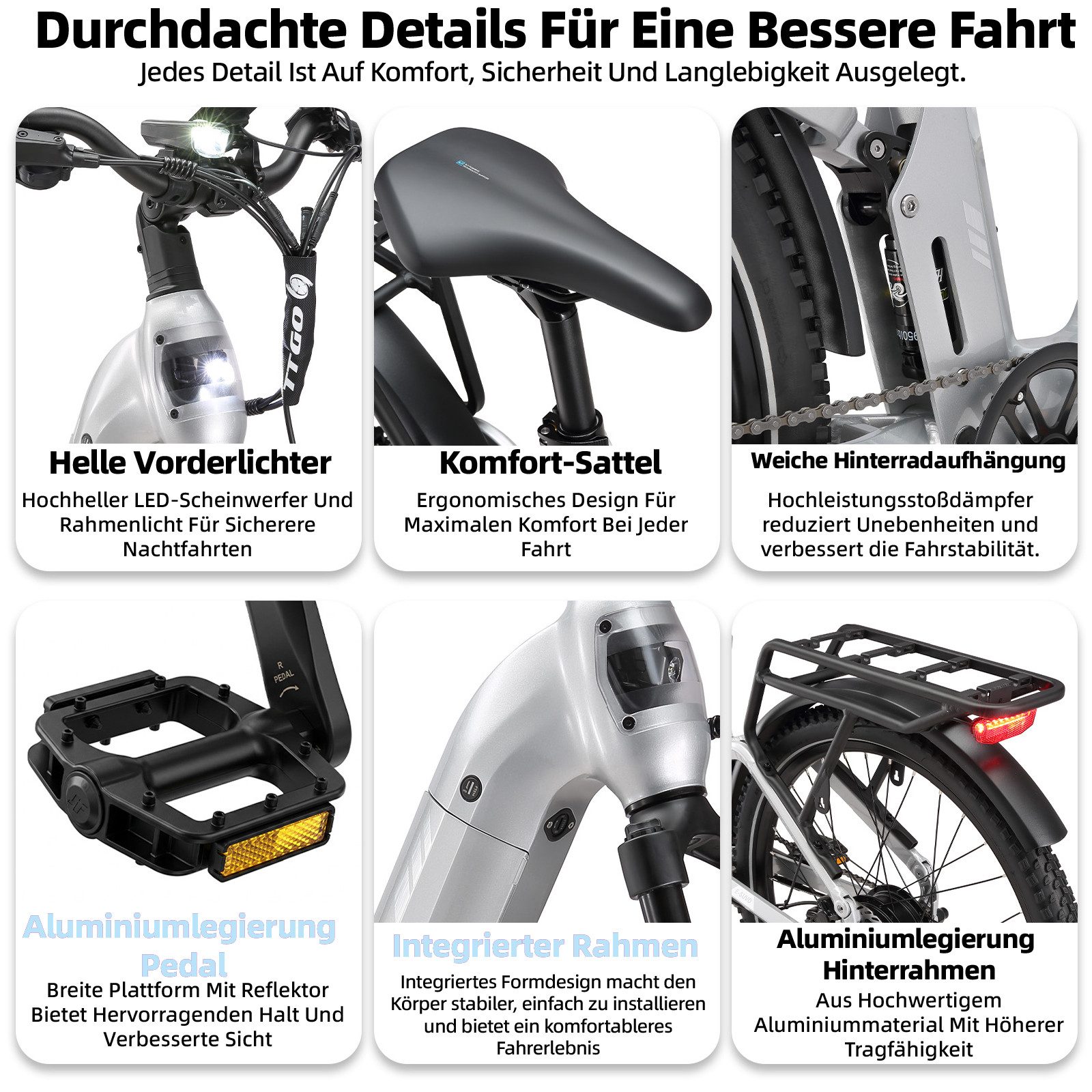 TTGO E-Bike Cityrad 28 Zoll, Fully, Vollfederung, 120km, Drehmomentsensor, mit Bremslicht, 7 Gang Shimano, Kettenschaltung, Heckmotor, 720 Wh, (5 Stufen, Farb-L – Bild 4 von 5