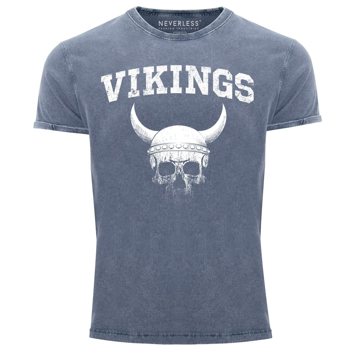 Neverless Print-Shirt Herren Vintage Shirt Wikinger-Helm Skull Totenkopf Printshirt T-Shirt Aufdruck Used Look Slim Fit Neverless® mit Print blau